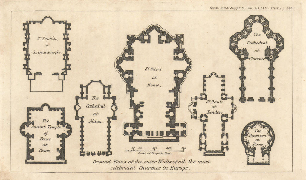 Ground plans St Peter's Pantheon Rome Hagia Sophia Florence Milan St Paul’s 1814